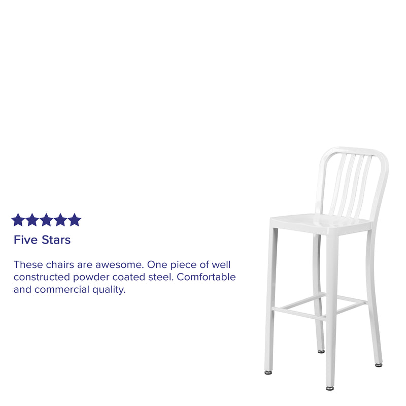 Commercial Grade 30" High White Metal Indoor-Outdoor Barstool with Vertical Slat Back