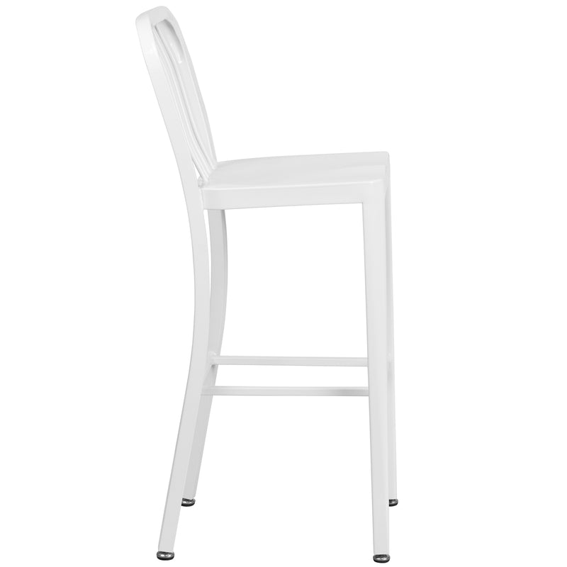 Commercial Grade 30" High White Metal Indoor-Outdoor Barstool with Vertical Slat Back