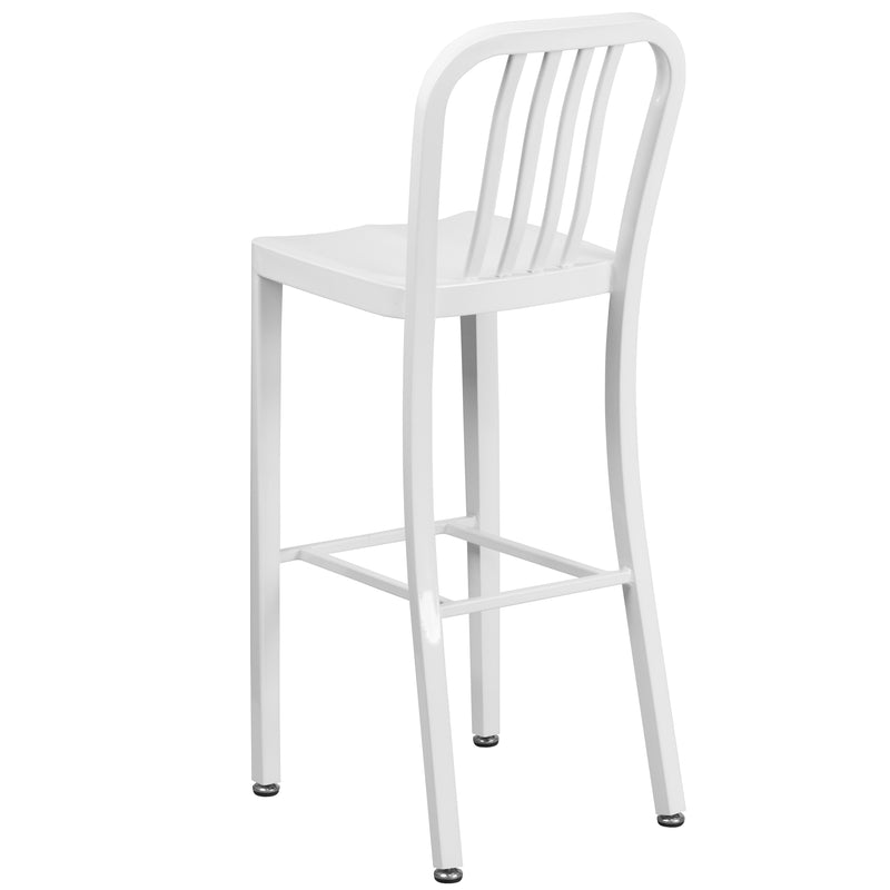 Commercial Grade 30" High White Metal Indoor-Outdoor Barstool with Vertical Slat Back