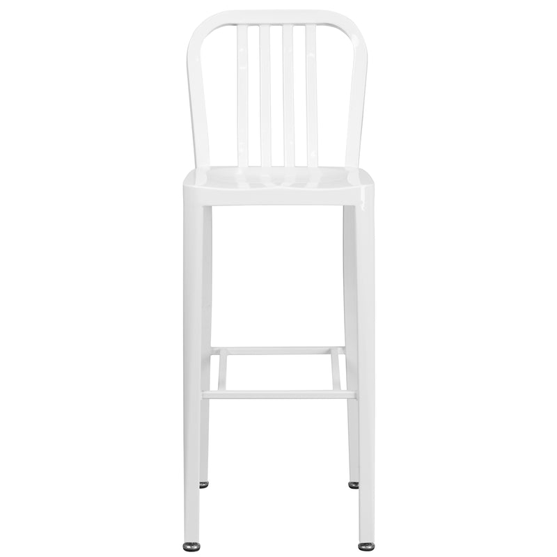 Commercial Grade 30" High White Metal Indoor-Outdoor Barstool with Vertical Slat Back