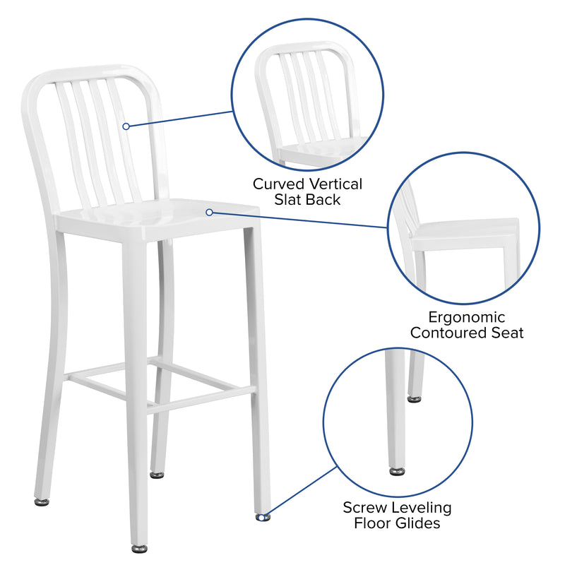 Commercial Grade 30" High White Metal Indoor-Outdoor Barstool with Vertical Slat Back