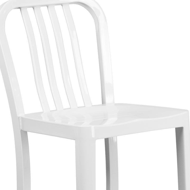 Commercial Grade 30" High White Metal Indoor-Outdoor Barstool with Vertical Slat Back