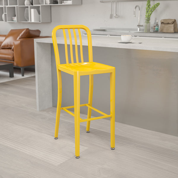 Commercial Grade 30" High Yellow Metal Indoor-Outdoor Barstool with Vertical Slat Back