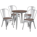 26" Round Silver Metal Table Set with Wood Top and 4 Stack Chairs