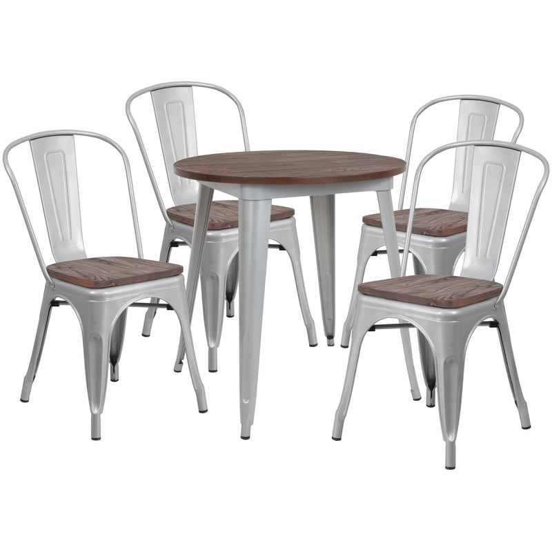 26" Round Silver Metal Table Set with Wood Top and 4 Stack Chairs