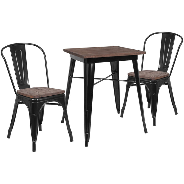 23.5" Square Black Metal Table Set with Wood Top and 2 Stack Chairs