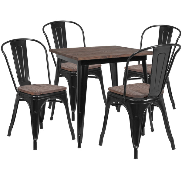 31.5" Square Black Metal Table Set with Wood Top and 4 Stack Chairs
