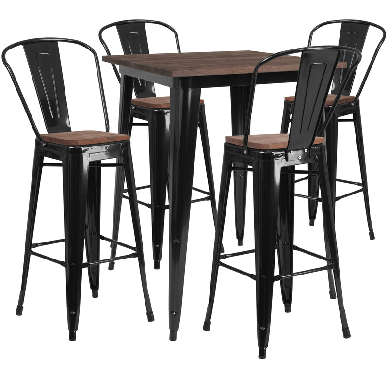 31.5" Square Black Metal Bar Table Set with Wood Top and 4 Stools