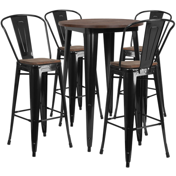 30" Round Black Metal Bar Table Set with Wood Top and 4 Stools