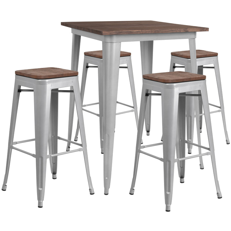 31.5" Square Silver Metal Bar Table Set with Wood Top and 4 Backless Stools