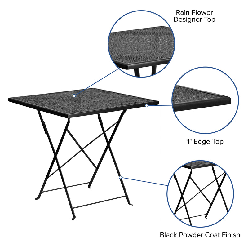 Commercial Grade 28" Square Black Indoor-Outdoor Steel Folding Patio Table