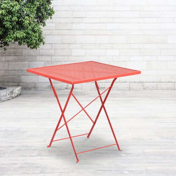 Commercial Grade 28" Square Coral Indoor-Outdoor Steel Folding Patio Table