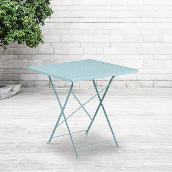 Commercial Grade 28" Square Sky Blue Indoor-Outdoor Steel Folding Patio Table