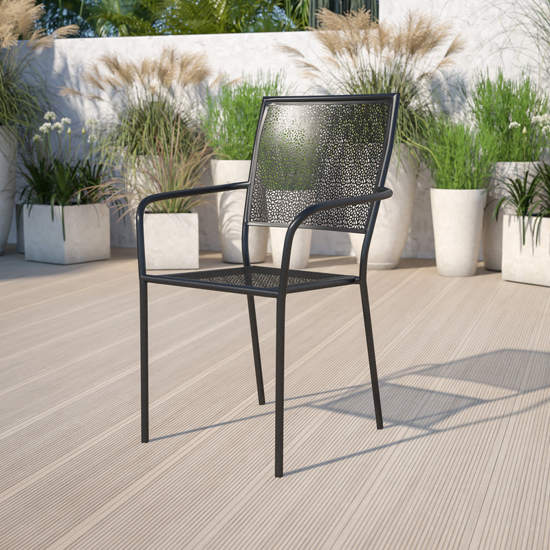 Commercial Grade Black Indoor-Outdoor Steel Patio Arm Chair with Square Back