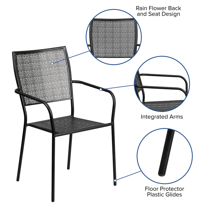 Commercial Grade Black Indoor-Outdoor Steel Patio Arm Chair with Square Back