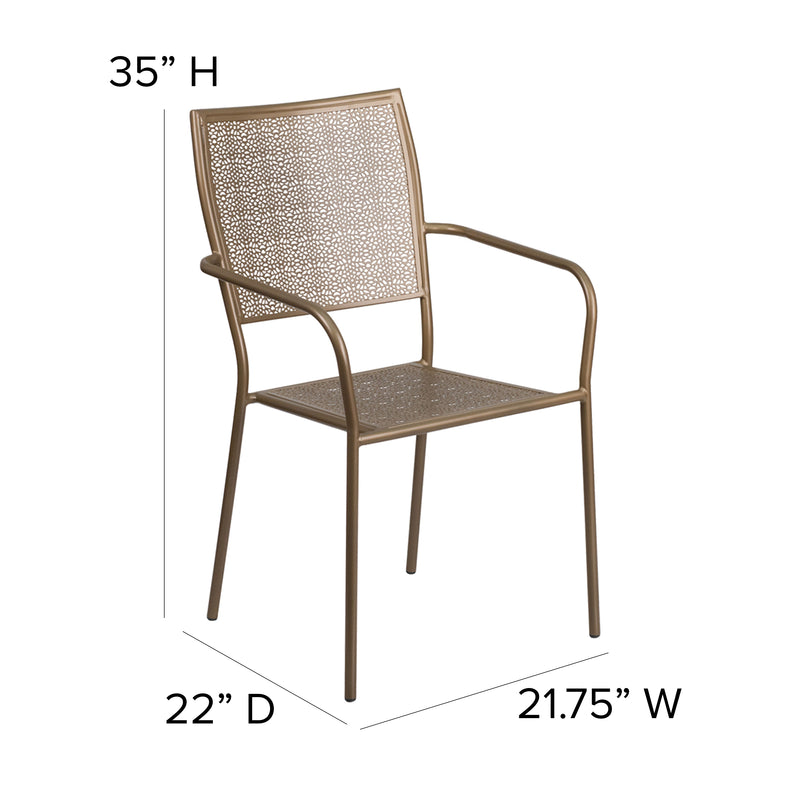 Commercial Grade Gold Indoor-Outdoor Steel Patio Arm Chair with Square Back