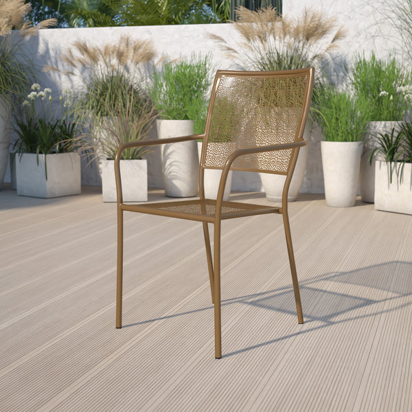 Commercial Grade Gold Indoor-Outdoor Steel Patio Arm Chair with Square Back