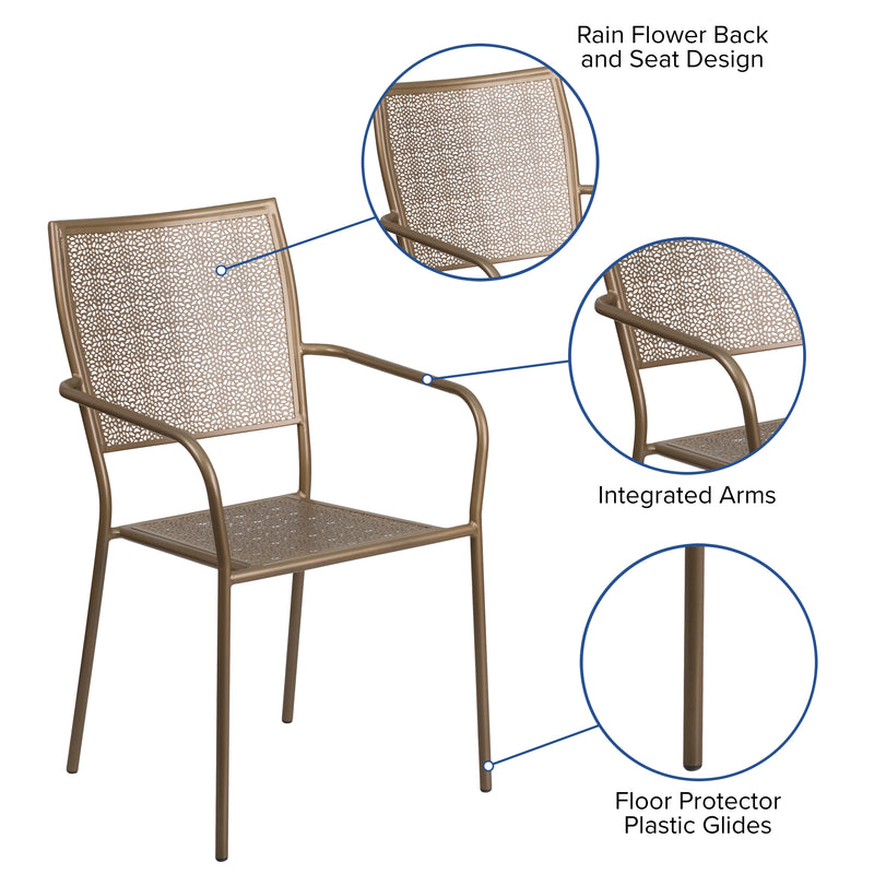 Commercial Grade Gold Indoor-Outdoor Steel Patio Arm Chair with Square Back