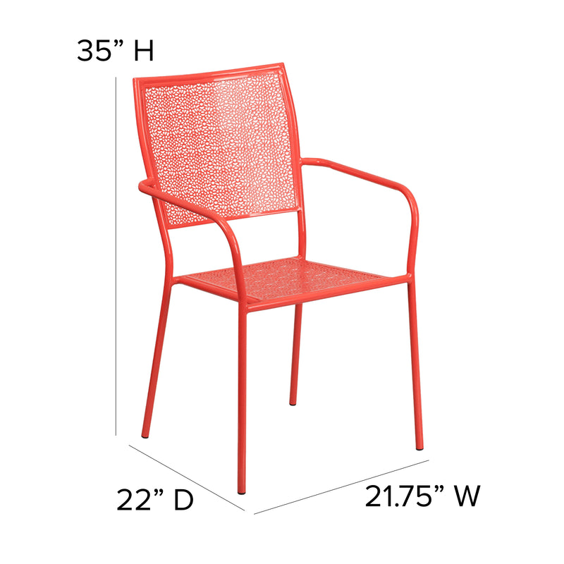 Commercial Grade Coral Indoor-Outdoor Steel Patio Arm Chair with Square Back