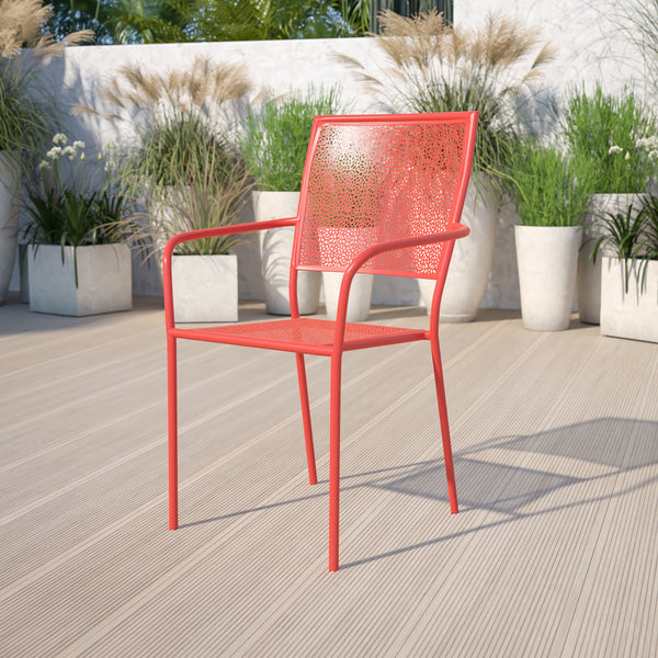 Commercial Grade Coral Indoor-Outdoor Steel Patio Arm Chair with Square Back