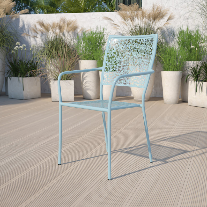 Commercial Grade Sky Blue Indoor-Outdoor Steel Patio Arm Chair with Square Back