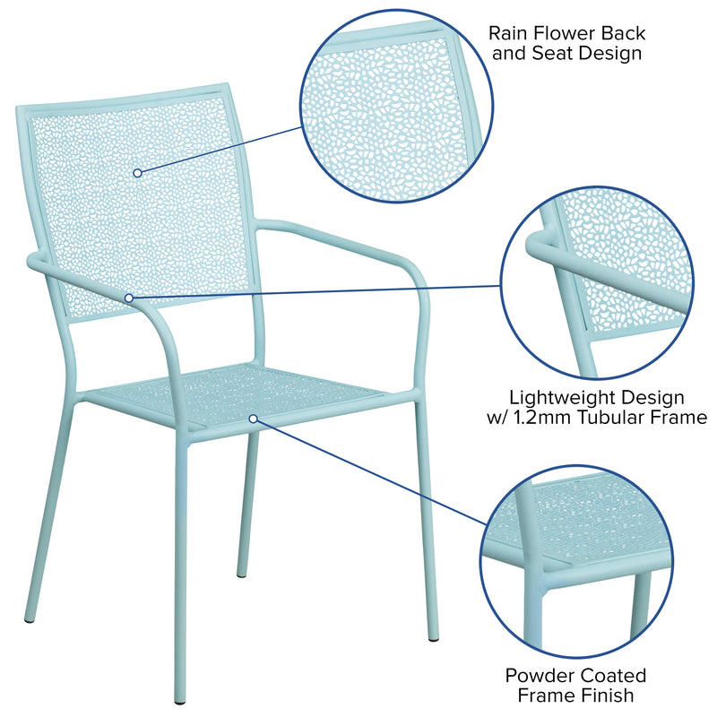 Commercial Grade Sky Blue Indoor-Outdoor Steel Patio Arm Chair with Square Back