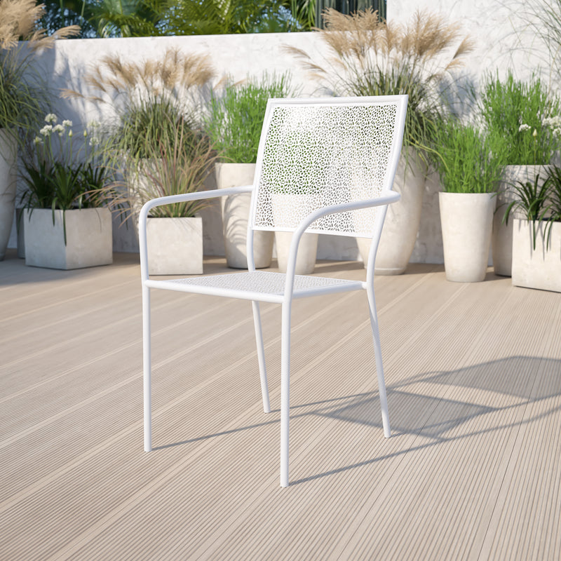 Commercial Grade White Indoor-Outdoor Steel Patio Arm Chair with Square Back