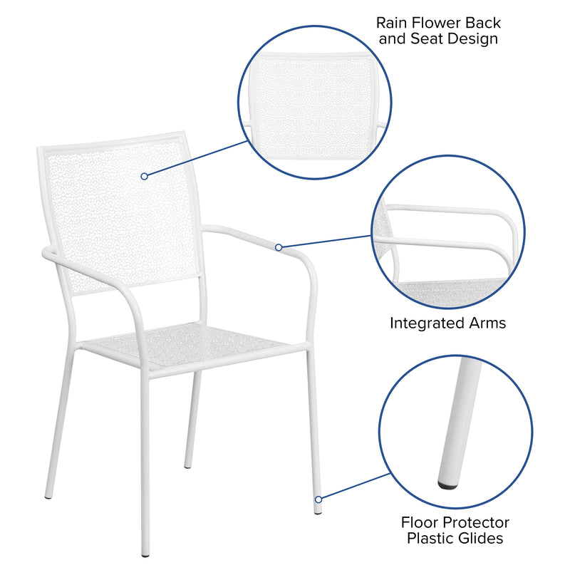 Commercial Grade White Indoor-Outdoor Steel Patio Arm Chair with Square Back