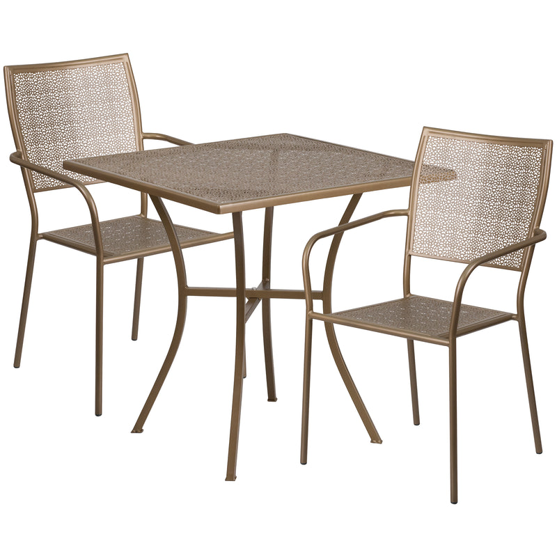 Commercial Grade 28" Square Gold Indoor-Outdoor Steel Patio Table Set with 2 Square Back Chairs