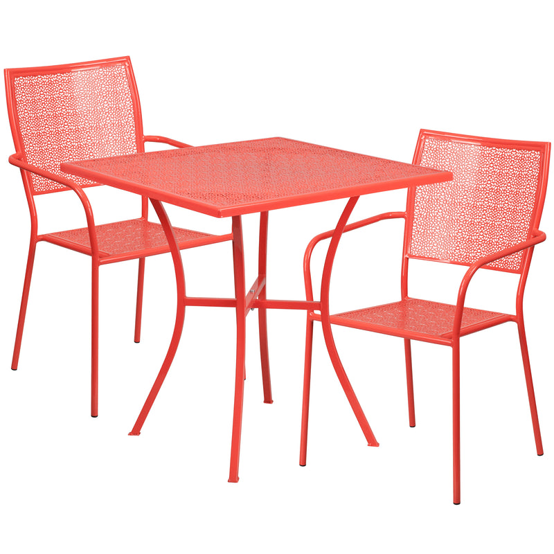 Commercial Grade 28" Square Coral Indoor-Outdoor Steel Patio Table Set with 2 Square Back Chairs