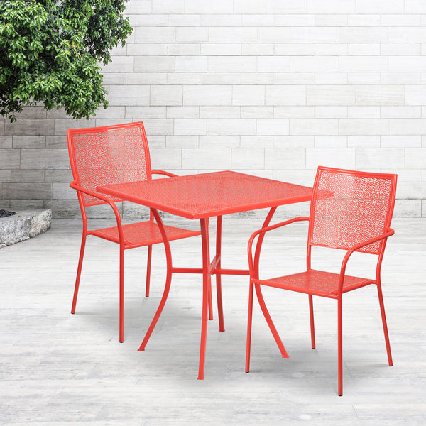 Commercial Grade 28" Square Coral Indoor-Outdoor Steel Patio Table Set with 2 Square Back Chairs