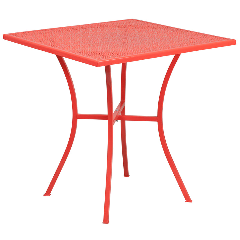 Commercial Grade 28" Square Coral Indoor-Outdoor Steel Patio Table Set with 2 Square Back Chairs