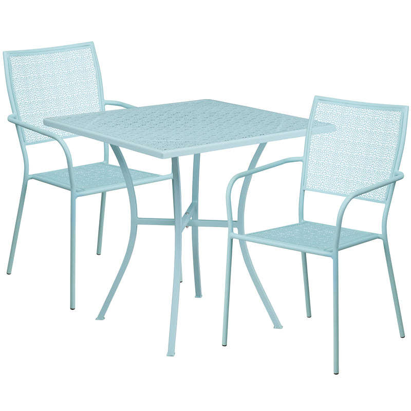 Commercial Grade 28" Square Sky Blue Indoor-Outdoor Steel Patio Table Set with 2 Square Back Chairs