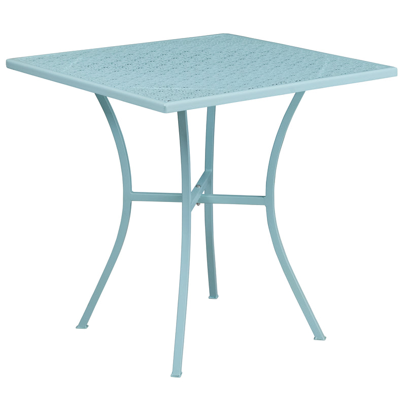 Commercial Grade 28" Square Sky Blue Indoor-Outdoor Steel Patio Table Set with 2 Square Back Chairs