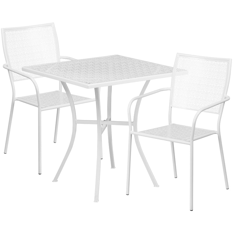 Commercial Grade 28" Square White Indoor-Outdoor Steel Patio Table Set with 2 Square Back Chairs