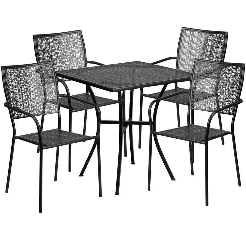 Commercial Grade 28" Square Black Indoor-Outdoor Steel Patio Table Set with 4 Square Back Chairs