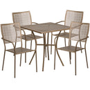 Commercial Grade 28" Square Gold Indoor-Outdoor Steel Patio Table Set with 4 Square Back Chairs