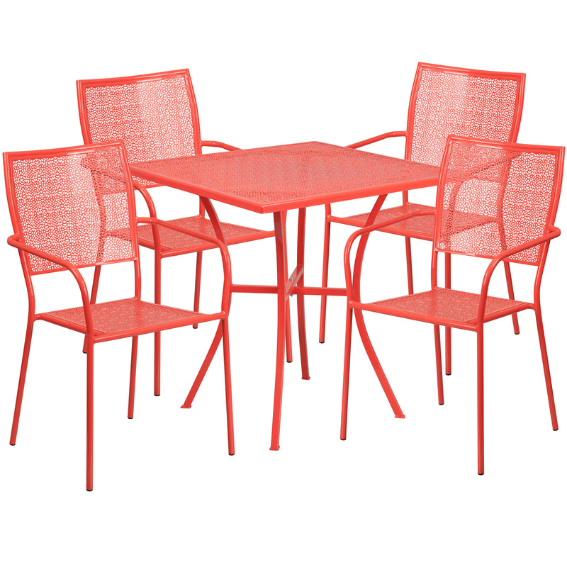 Commercial Grade 28" Square Coral Indoor-Outdoor Steel Patio Table Set with 4 Square Back Chairs