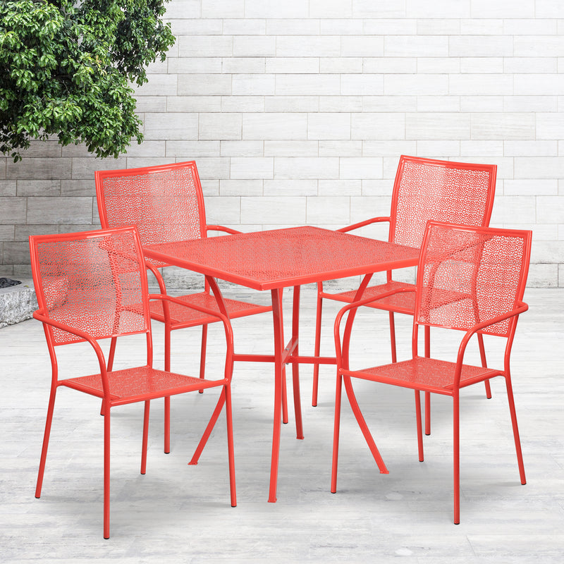 Commercial Grade 28" Square Coral Indoor-Outdoor Steel Patio Table Set with 4 Square Back Chairs