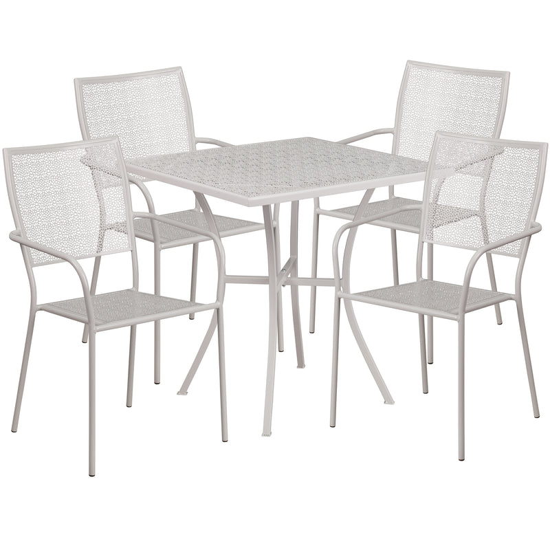 Commercial Grade 28" Square Light Gray Indoor-Outdoor Steel Patio Table Set with 4 Square Back Chairs