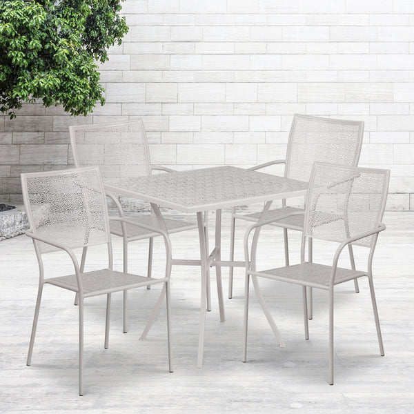 Commercial Grade 28" Square Light Gray Indoor-Outdoor Steel Patio Table Set with 4 Square Back Chairs