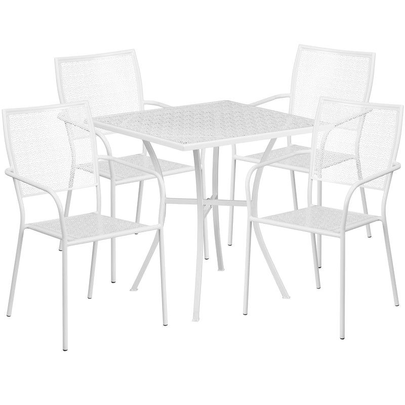 Commercial Grade 28" Square White Indoor-Outdoor Steel Patio Table Set with 4 Square Back Chairs