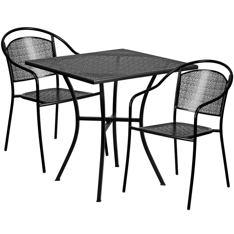 Commercial Grade 28" Square Black Indoor-Outdoor Steel Patio Table Set with 2 Round Back Chairs