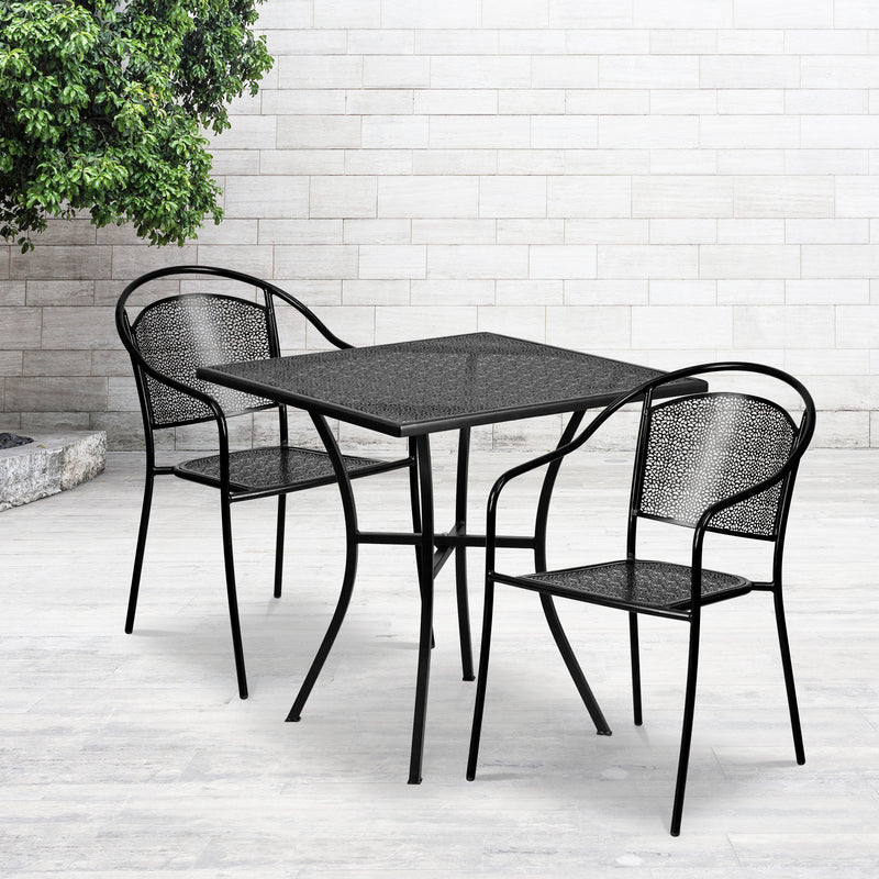 Commercial Grade 28" Square Black Indoor-Outdoor Steel Patio Table Set with 2 Round Back Chairs