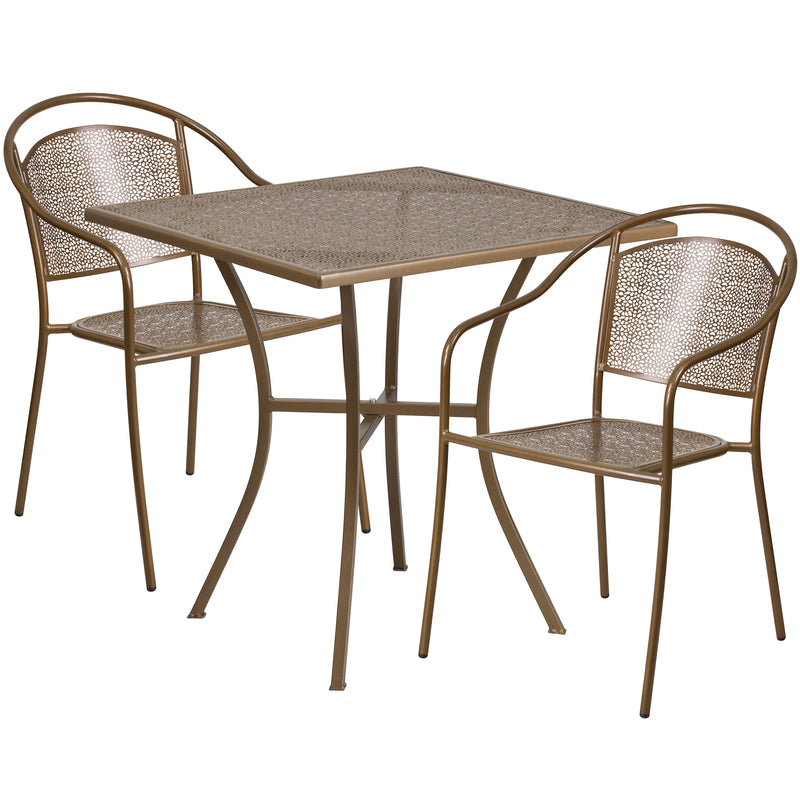 Commercial Grade 28" Square Gold Indoor-Outdoor Steel Patio Table Set with 2 Round Back Chairs