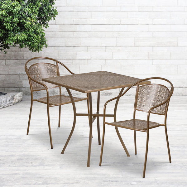 Commercial Grade 28" Square Gold Indoor-Outdoor Steel Patio Table Set with 2 Round Back Chairs