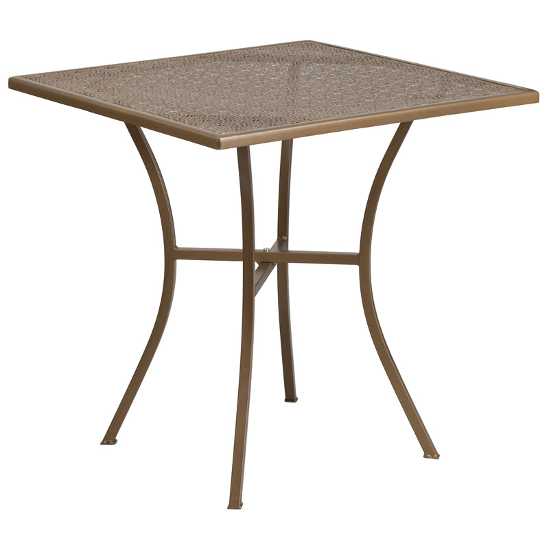 Commercial Grade 28" Square Gold Indoor-Outdoor Steel Patio Table Set with 2 Round Back Chairs