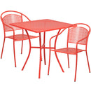 Commercial Grade 28" Square Coral Indoor-Outdoor Steel Patio Table Set with 2 Round Back Chairs