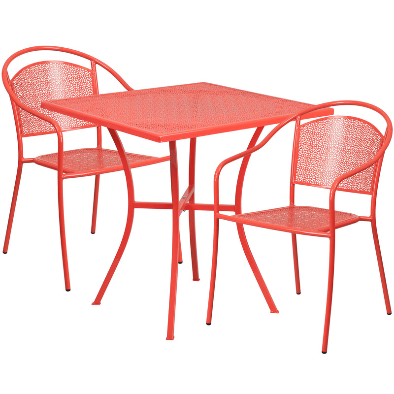 Commercial Grade 28" Square Coral Indoor-Outdoor Steel Patio Table Set with 2 Round Back Chairs