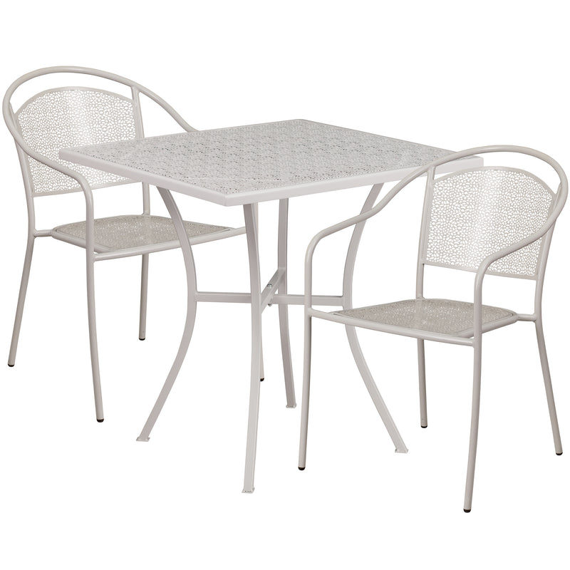 Commercial Grade 28" Square Light Gray Indoor-Outdoor Steel Patio Table Set with 2 Round Back Chairs